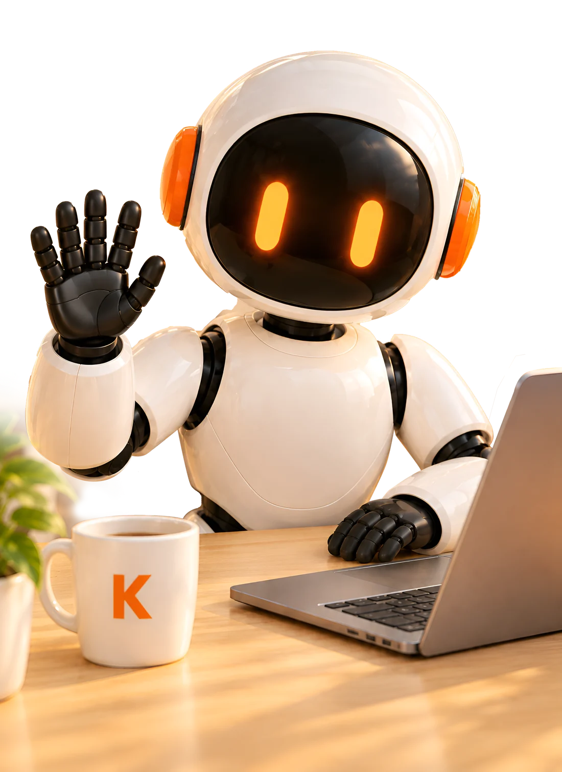 Робот KILEV AI машет рукой за рабочим столом с ноутбуком и кружкой с логотипом